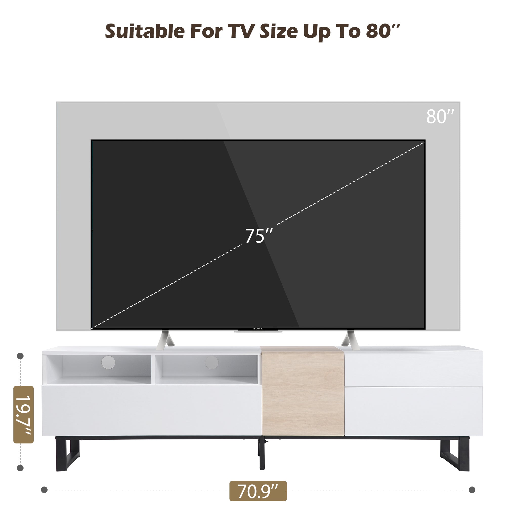 Modern TV Stand for 80'' TV with Double Storage Space Media Console Table Entertainment Center with Drop Down Door
