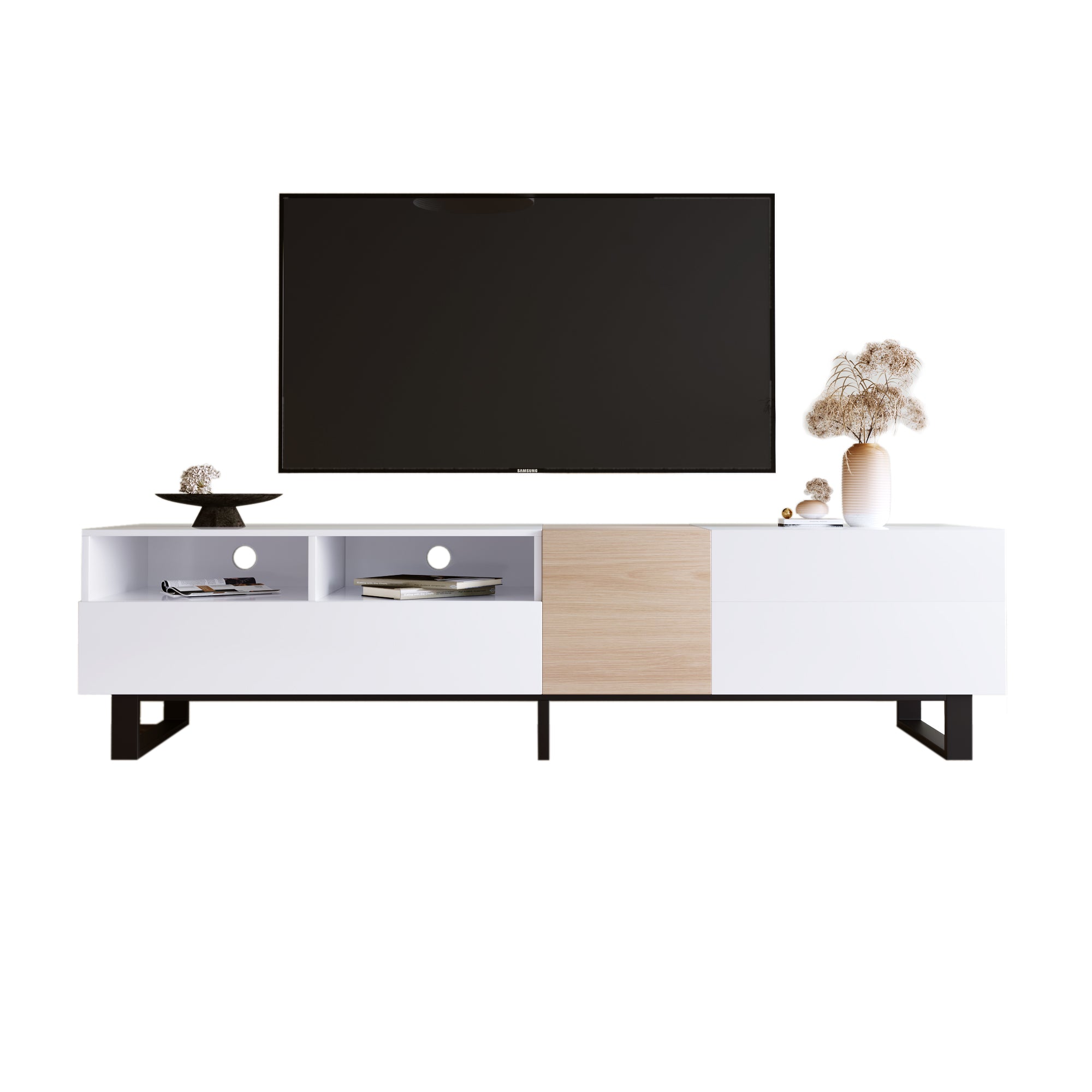 Modern TV Stand for 80'' TV with Double Storage Space Media Console Table Entertainment Center with Drop Down Door