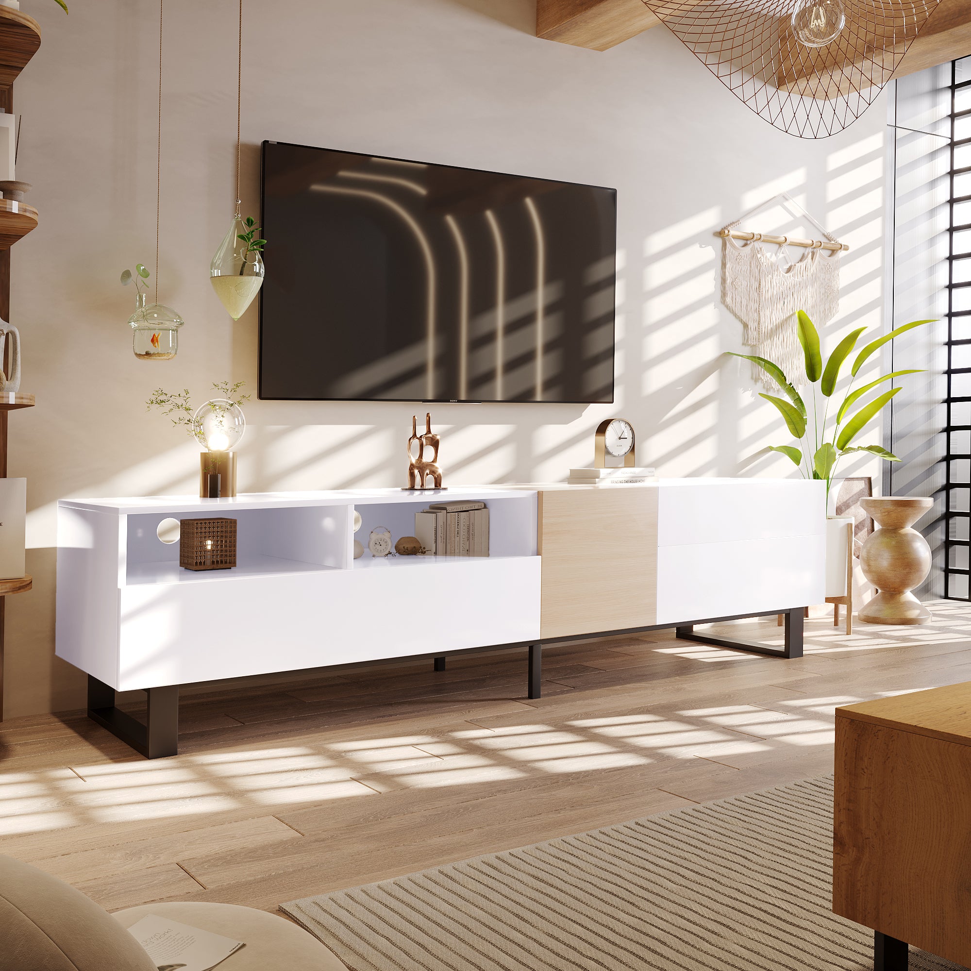 Modern TV Stand for 80'' TV with Double Storage Space Media Console Table Entertainment Center with Drop Down Door