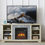 Mantel electric fireplace stone TV media stand, open storage console space, with 18 inch fireplace insert, white