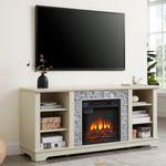 Mantel electric fireplace stone TV media stand, open storage console space, with 18 inch fireplace insert, white