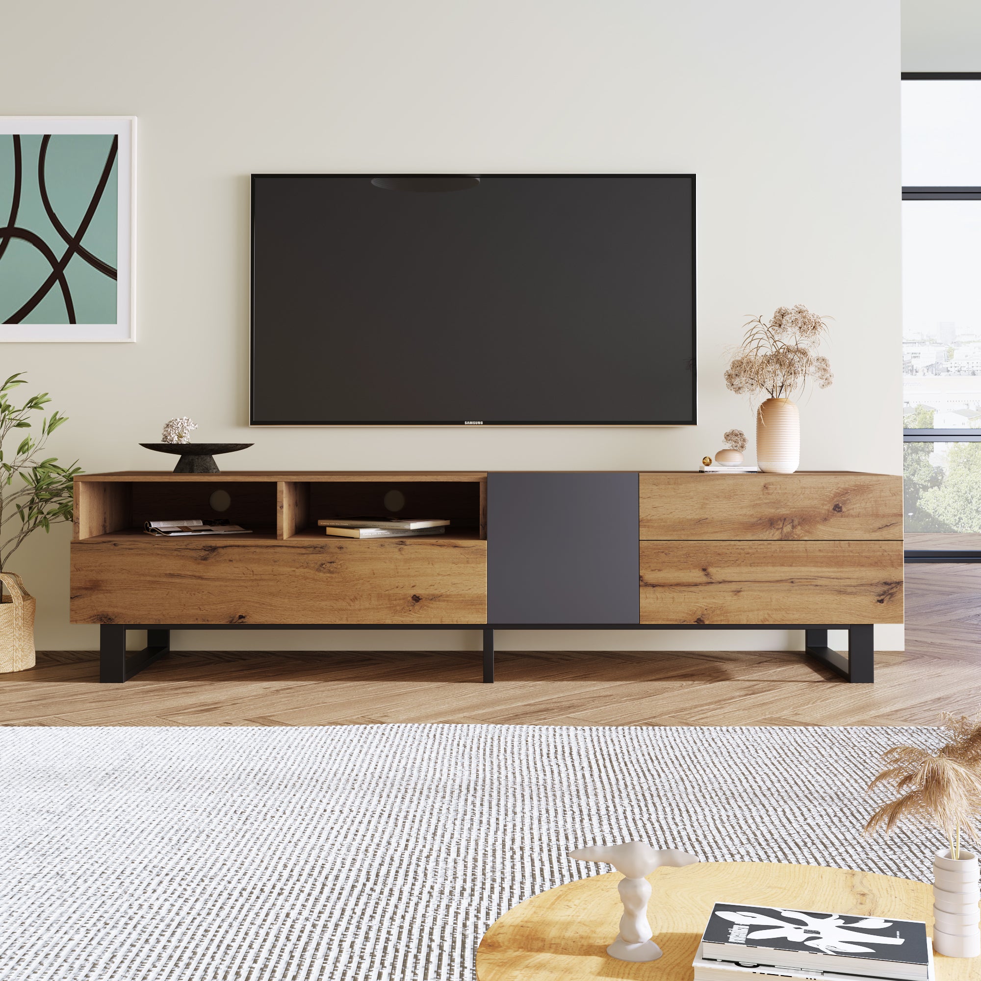 Modern TV Stand for 80'' TV with Double Storage Space