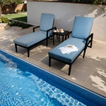 Relax by the poolside with the stylish 3PC Aluminum Lounge Set with Table, featuring adjustable chaise lounges.